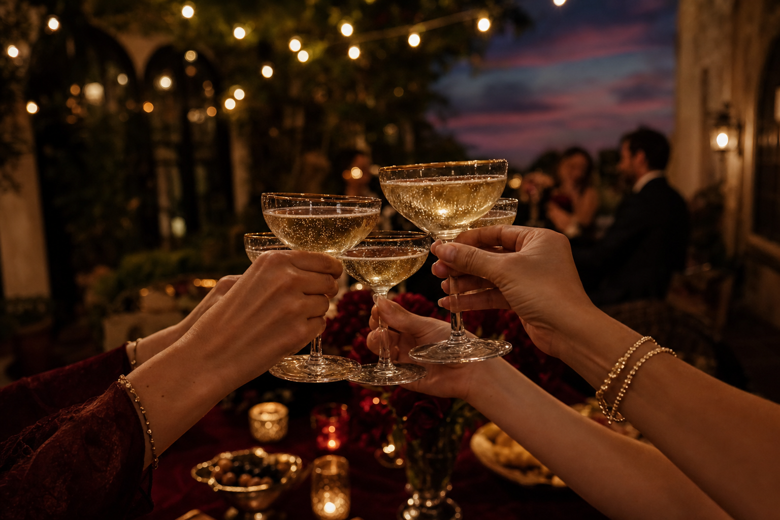Champagne glasses raised in a dimly lit patio toast