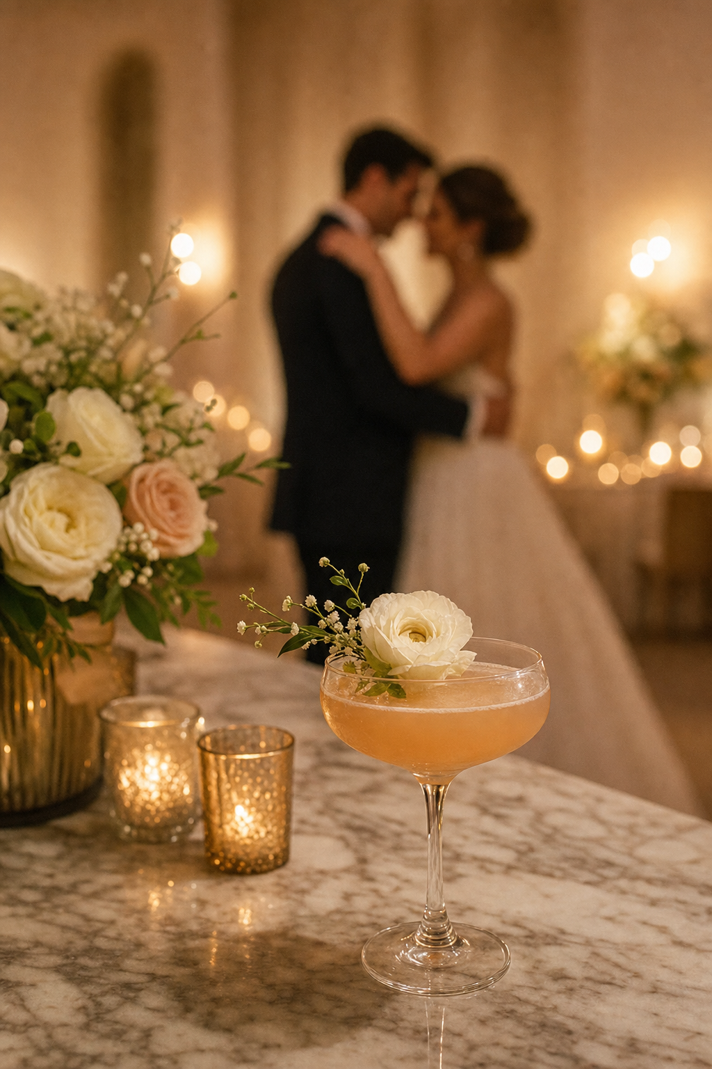 Floral garnished cocktail highlighted with a bride and groom dancing softly blurred behind it