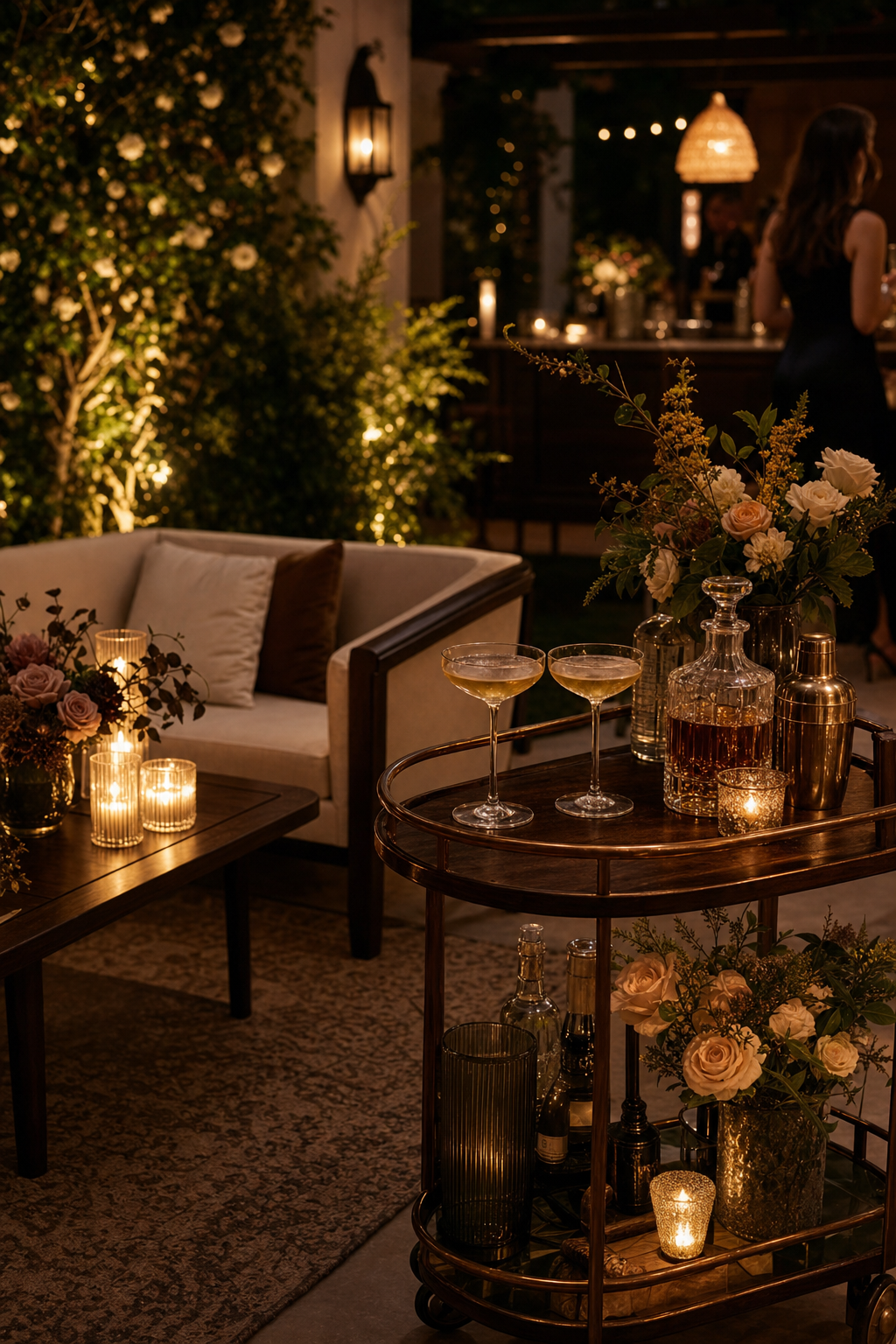 Elegant private gathering with candles, florals, and bar cart styling