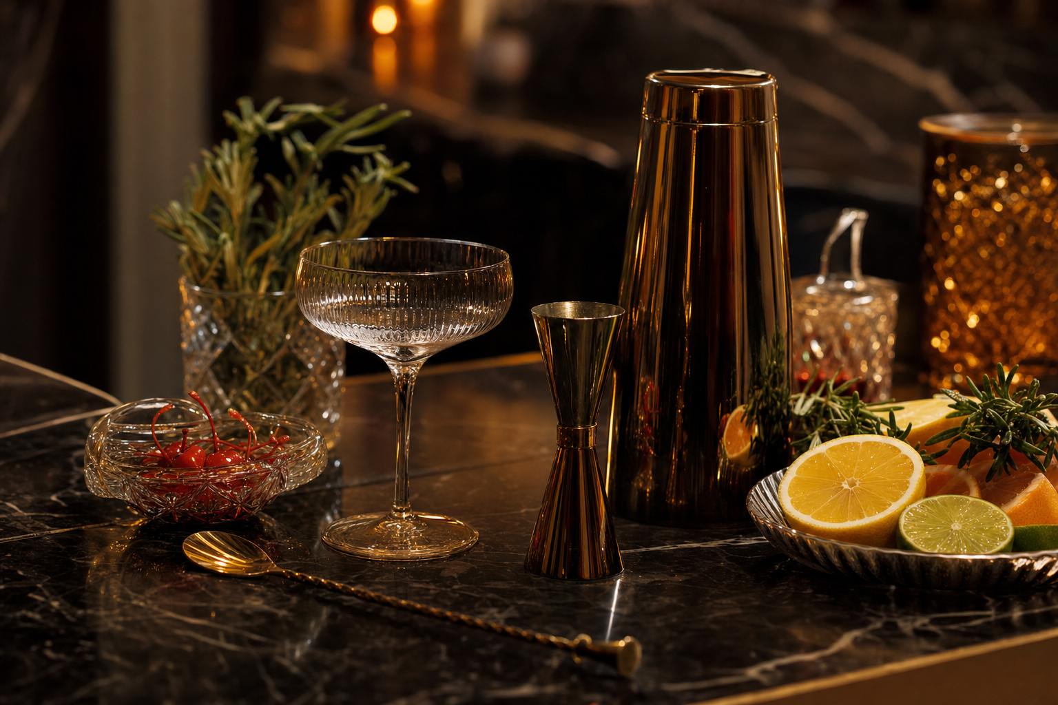 Fresh garnishes and polished bar tools on a dark marble bar