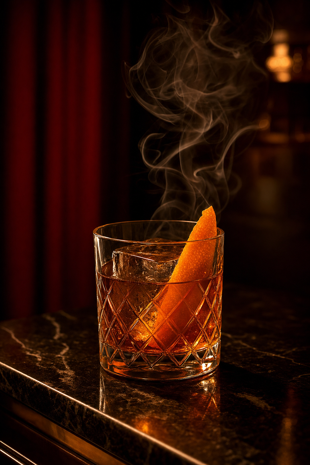 Smoked old-fashioned cocktail with orange garnish