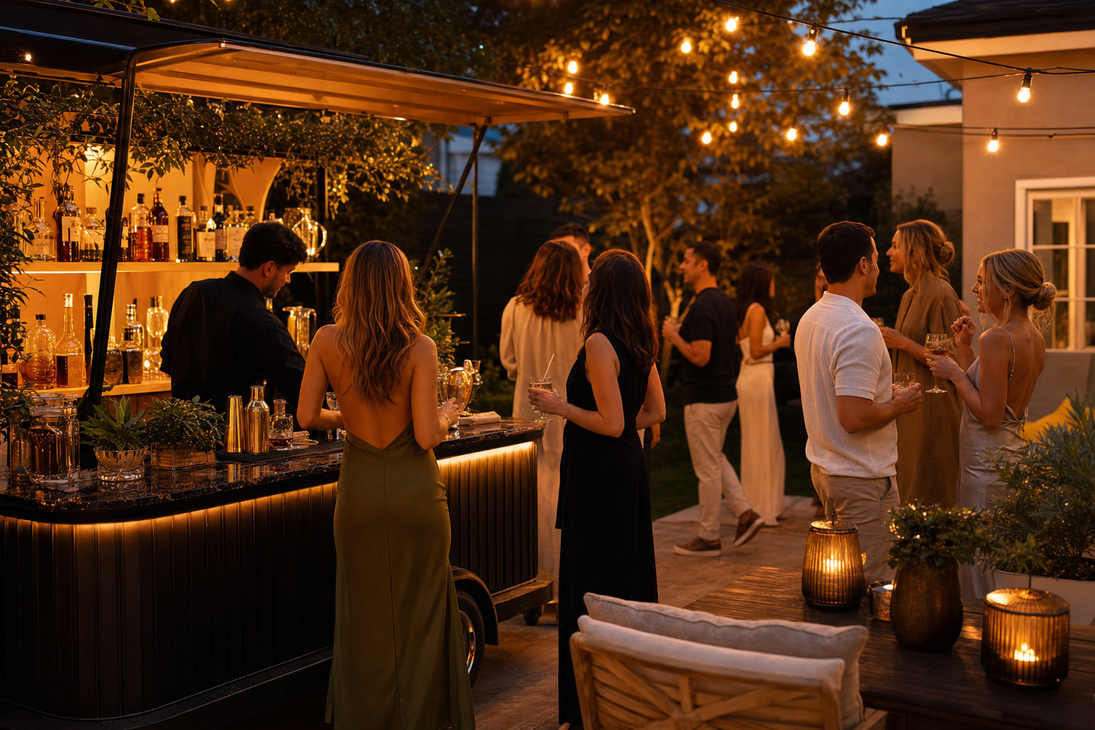 Fun backyard gathering with a stylish mobile bar
